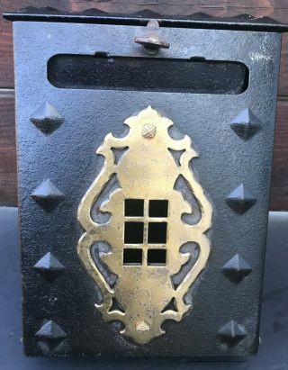Vintage Antique Metal Black Cast Iron & Brass Wall Mailbox Diamond Pattern