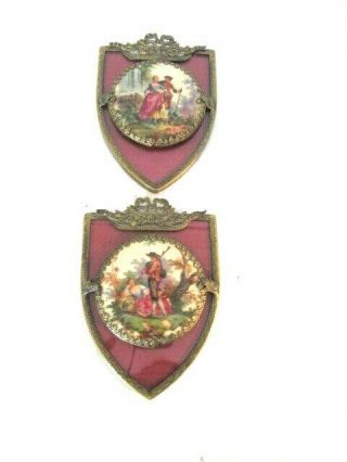Vintage Brass And Porcelain Regency Wall Hanging Plaques - Pair