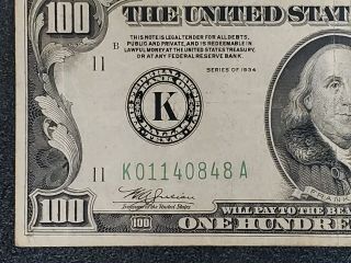 1934 FEDERAL RESERVE NOTE $100 DOLLAR BILL DALLAS (K) SERIES Rare and Good 3
