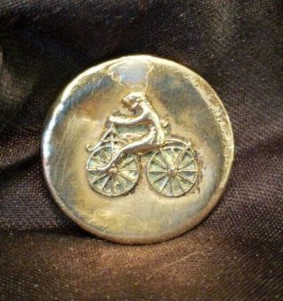 Antique Brass Picture Button,  Women Riding Bike,  Rare 1 - 3/8 "