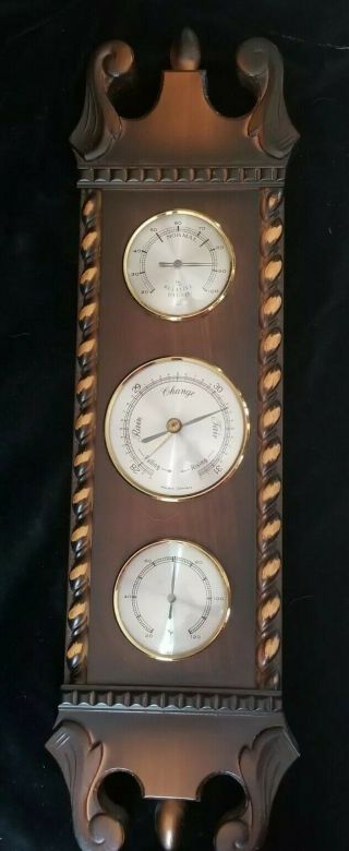 Vintage Wooden Weather Station Wall Barometer Thermometer - Made In Germany