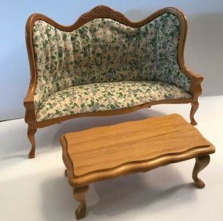 Vintage Miniature Dollhouse Furniture Floral Victorian Couch & Coffee Table 1213