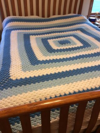 Handmade Vintage Crochet Afghan Blue Throw Blanket Retro Square Pattern Large