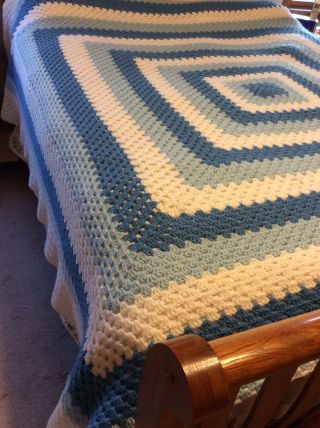 Handmade Vintage Crochet Afghan Blue Throw Blanket Retro Square Pattern Large 2