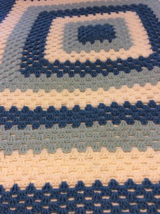 Handmade Vintage Crochet Afghan Blue Throw Blanket Retro Square Pattern Large 3