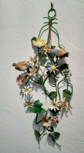 Vtg Italian? Metal Tole Flowers/birds Wall Sconce Candle Holder