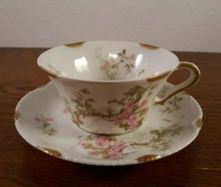 Antique Theodore Haviland Limoges Tea Cup And Saucer,  Pink Roses Gold Trim