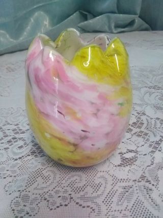 Antique Legras Pink & Yellow Ruffled Spatter Glass Vase Rose Bowl 5 1/2 " Tall