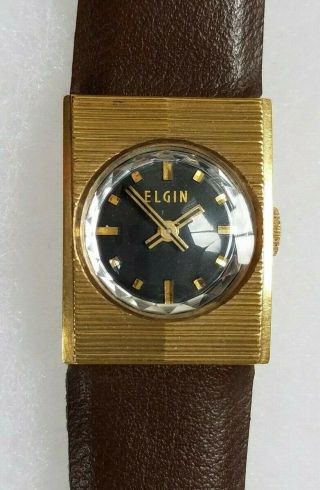 Rare Vintage 1960s Mcm Ladies Elgin Wrist Watch/black Dial/cocktail/great Case