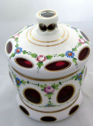 Antique Candy Dish W/ Lid - Czech Bohemian Cranberry To White Cased Glass