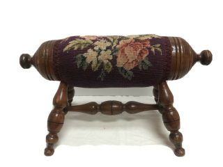 Rare Vintage Antique Victorian Hand Carved Walnut Wood Needlepoint Footstool