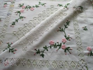 Vintage Hand Embroidered Tablecloth - Prettiest Pink Floral 