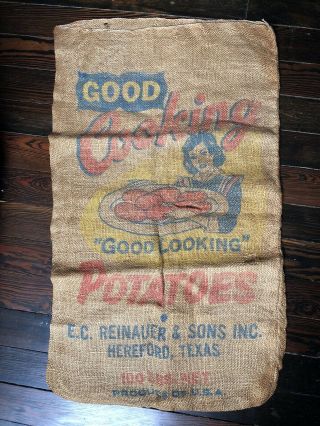 Rare Vintage Good Cooking Potato 100 Lb Burlap Sack Bag Hereford Texas