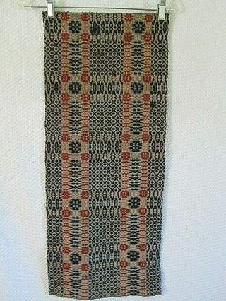 Antique Woven Wool Coverlet Piece Rust & Navy Blue Table Runner 12.  5 X 30.  5 "