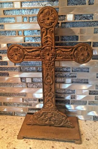 Antique Ornate Heavy Metal Standing Carved Cross Large On Base 12 " Tall
