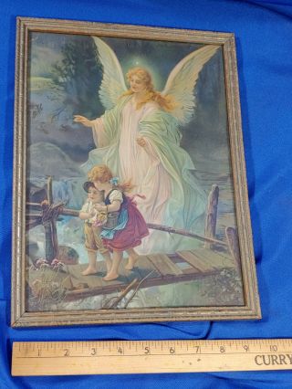 Art Deco Wood Picture Frame Antique Print The Guardian Angel Mother Vtg Kids