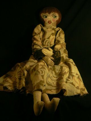 Antique Primitive Rag Bed Boudoir Doll 33 " Folk Art Oil Trim Americana Rare