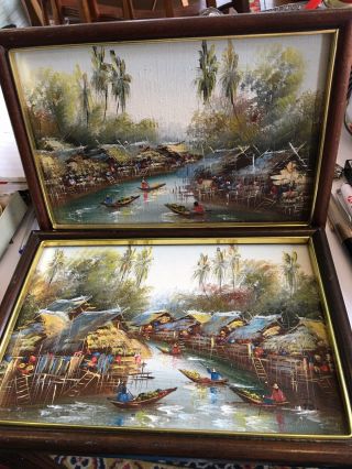 2 Oriental Oil Paintings May Be Chinese Vietnam Cambodia