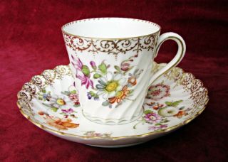 Antique Crown Dresden Porcelain Cup & Saucer,  Hand Painted Flowers,  Gilded