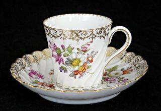 ANTIQUE CROWN DRESDEN PORCELAIN CUP & SAUCER,  HAND PAINTED FLOWERS,  GILDED 2