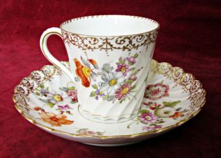 ANTIQUE CROWN DRESDEN PORCELAIN CUP & SAUCER,  HAND PAINTED FLOWERS,  GILDED 3