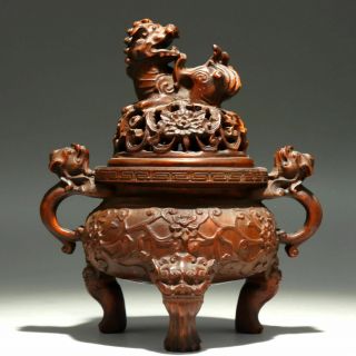 Collect China Antique Boxwood Carve Myth Kylin & Flower Moral Auspicious Censer