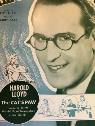 Silent Movie Comedian Harold Lloyd Photo Sheet Music,  The Cat 