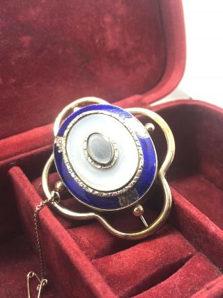 Antique Victorian Rolled Gold Mourning Brooch Blue Enamel Memento Mori 1860s