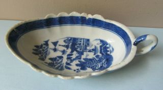 Antique 19th Century Chinese Export Blue And White Canton Scalloped Gravy Boat