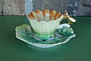 Vintage Tiny Miniature Flower & Leaf Cup & Saucer Honey Bee Handle Made In Japan