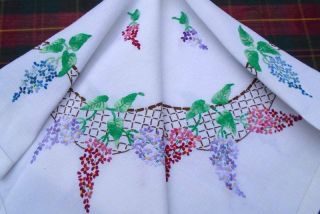 Vintage Hand Embroidered Linen Tablecloth Lilac Blossoms Colours