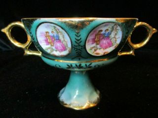 Vintage Royal Sealy Japan Pedestal Cup Dancing Couple Green Gold Double Handles