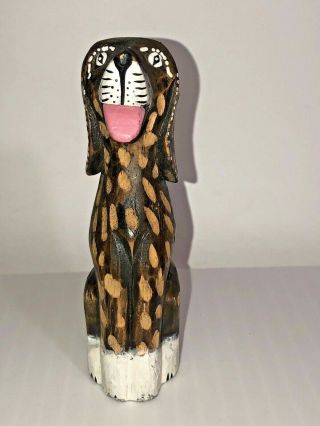 Vintage Folk Art Hand Carved & Painted Primitive Wooden Hound Dog Mutt Figurine