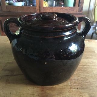 Antique Stoneware Two Handled Pottery Lid Bean Pot Brown Crock Jar Jug Usa
