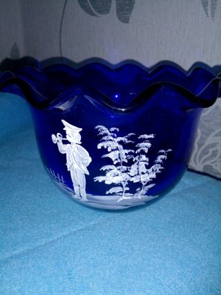 Stunning Frilled Rim Bowl Bristol Blue Glass Mary Gregory Hand Painted Exc.  Cond.