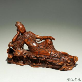 Collectable China Antique Boxwood Hand - Carved Delicate Sleep Guan - Yin Statue