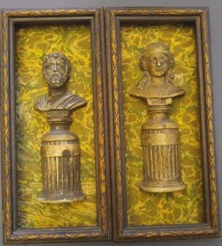 Vintage Roman Pillar Man & Woman Bronze Wall Hanging Diane & Sofocle Wooden