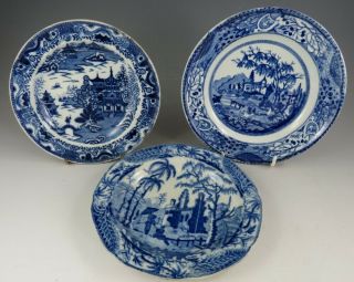 Group Of Antique Pottery Pearlware Blue Transfer Chinoiserie 6 " Plates 1815