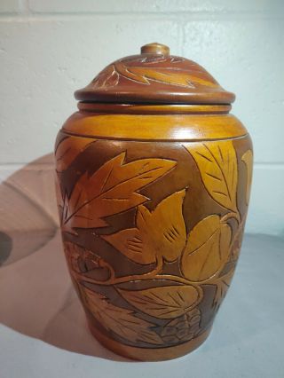 Hand Carved Wooden Ginger Jar With Lid 10 " Tall And 7 Inches Wide.