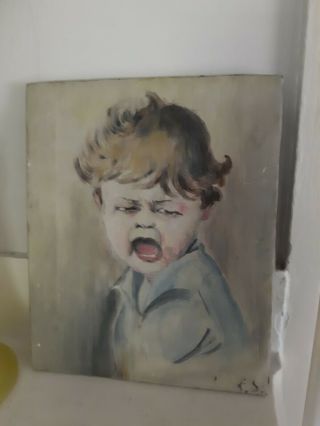 Antique Signed Oil Painting Of Adorable Little Boy Crying