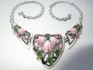 Gorgeous Vtg Art Deco Coro Pink Enamel Rhinestone Bell Flower Bib Necklace Rare