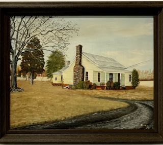 Vintage Signed Oil Painting Of Old Farm House Homestead Architectural Folk Art