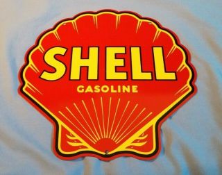 Vintage Shell Gasoline Rare Red 11 3/4 " Porcelain Metal Gas Oil Sign Pump Plate