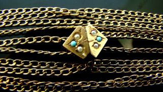 Antique Victorian Gf Slide Pocket Watch Chain Necklace Turquoise & Pearl Slide