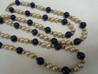 Vintage Antique Pearl Blue Glass & Gold Beaded Necklace