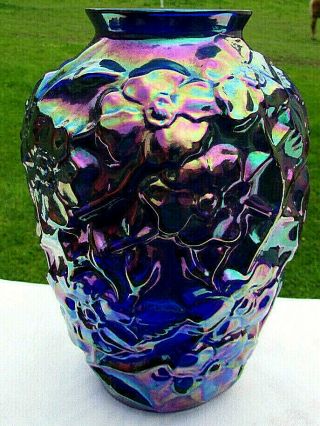 Fenton Cobalt Blue Carnival Glass DOGWOOD Vase 7.  25 