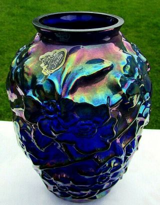 Fenton Cobalt Blue Carnival Glass DOGWOOD Vase 7.  25 