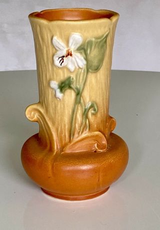 Antique Rust Orange Ombré Weller Vase With White Violets.  Warm And Cheerful