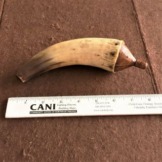 Old Antique 8 Inch Powder Horn With Carved Wood Base
