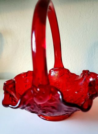 Fenton Red Vintage Art Glass Basket Candy Dish - Rose Floral Euc